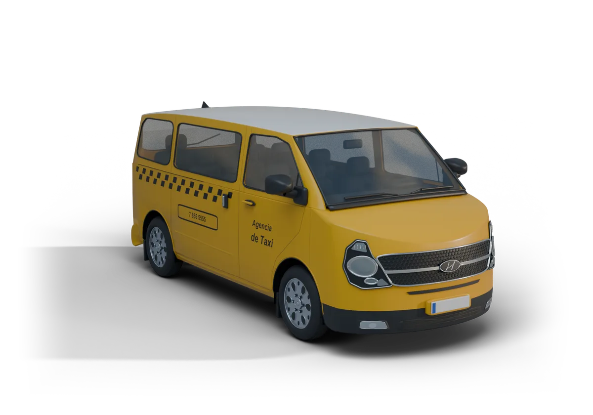 Reconstrucción 3D del taxi Hyundai H-1 amarillo con techo blanco.